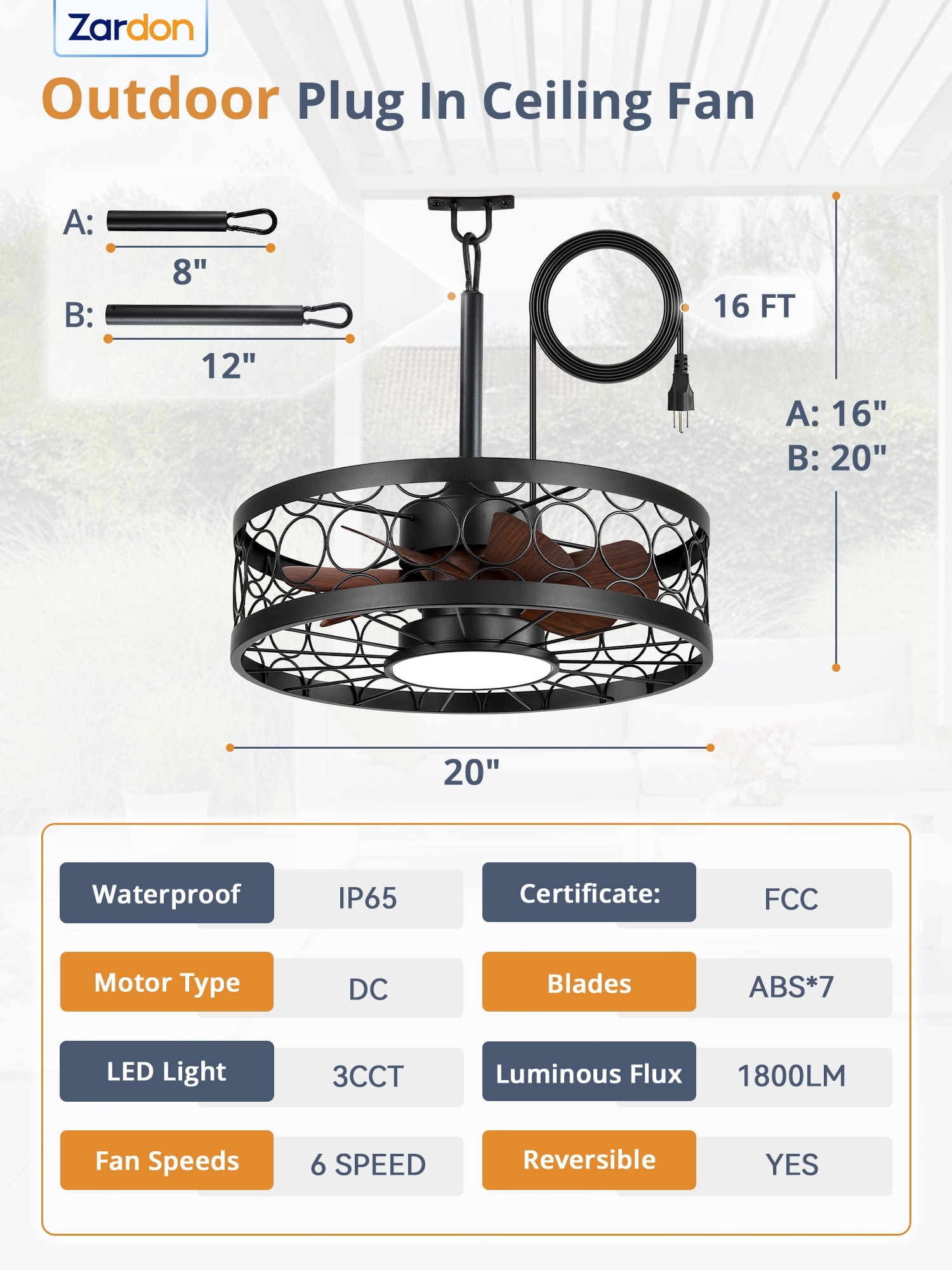 Zardon 20in Outdoor Ceiling Fans with Light and Remote Control, Caged Canopy Fan with Plug in Cord for Porch, Patio, Gazebo, Waterproof, Black