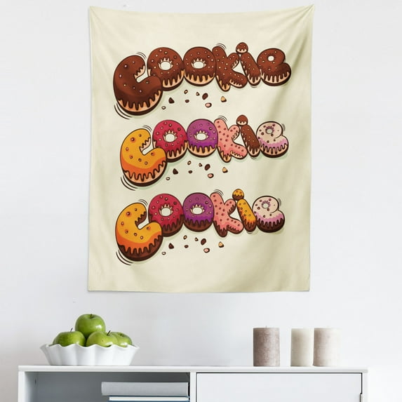 Cookie Tapestry, Cookies Font Bakery Theme Delicious Doodle Cupcakes Ornamented with Cream Image, Fabric Wall Hanging Decor for Bedroom Living Room Dorm, 5 Sizes, Multicolor, by Ambesonne