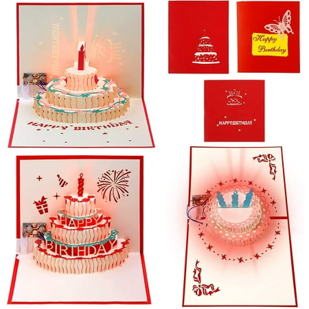 3 Pieces 3D Happy Birthday Pop-Up Card LED Light Birthday Music Card 3D