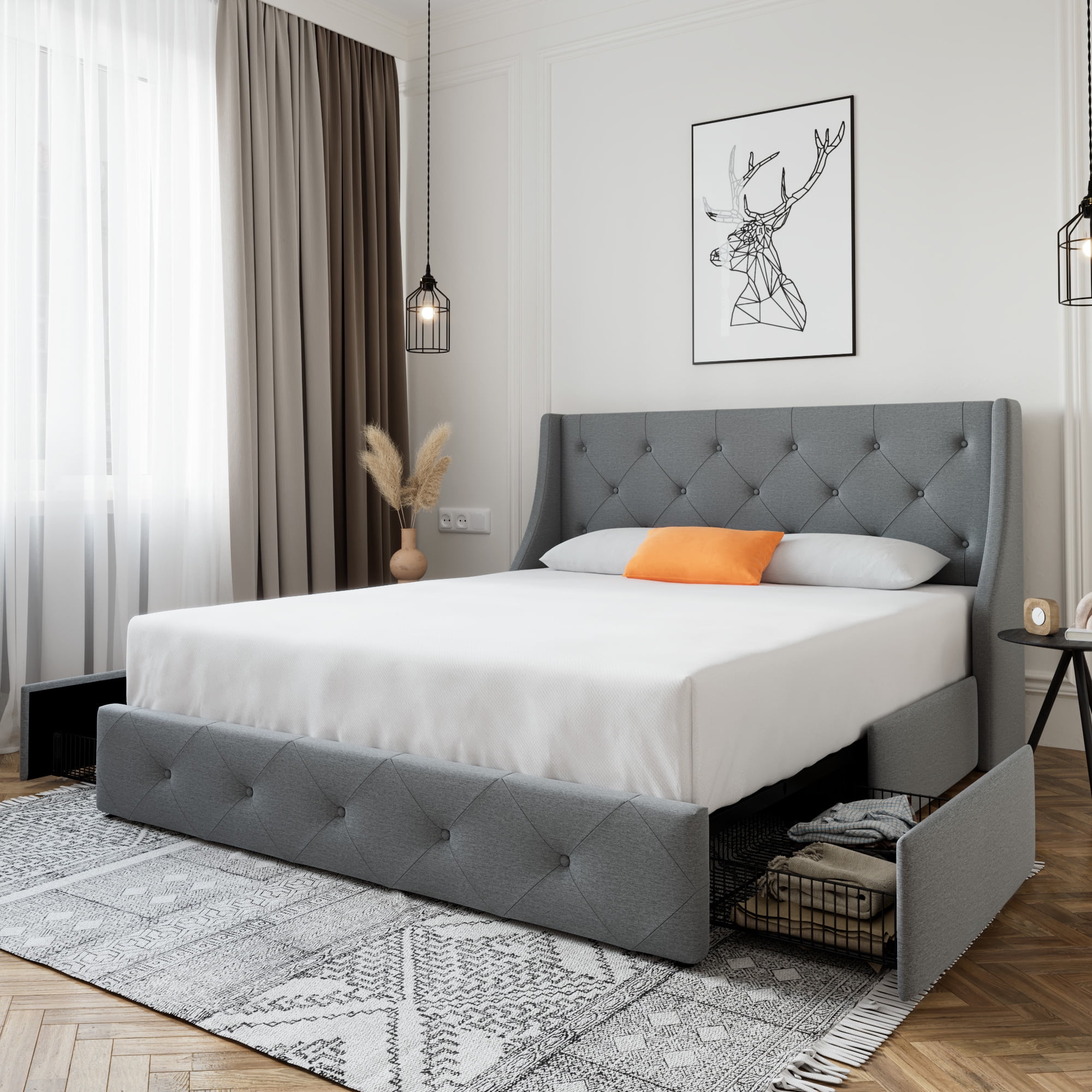 SHA CERLIN Upholstered Queen Size Platform Bed with 4 Storage Drawers