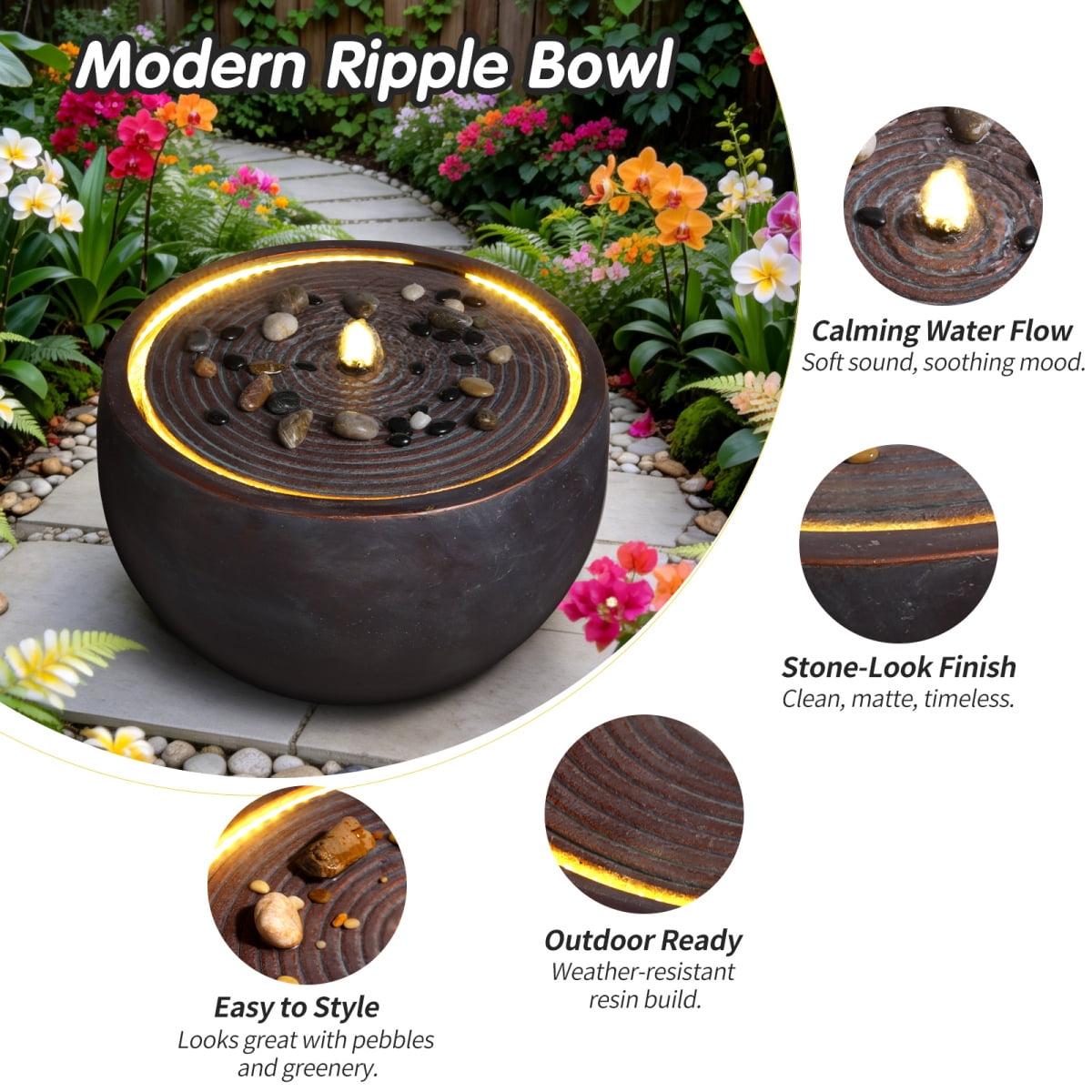 19.3" Modern Zen Bowl Water Fountain with Warm LED Light, Large Outdoor Patio Water Feature, Weather-Resistant Dark Stone-Look Fountain with Calming Water Flow for Backyard, Garden & Home Decor