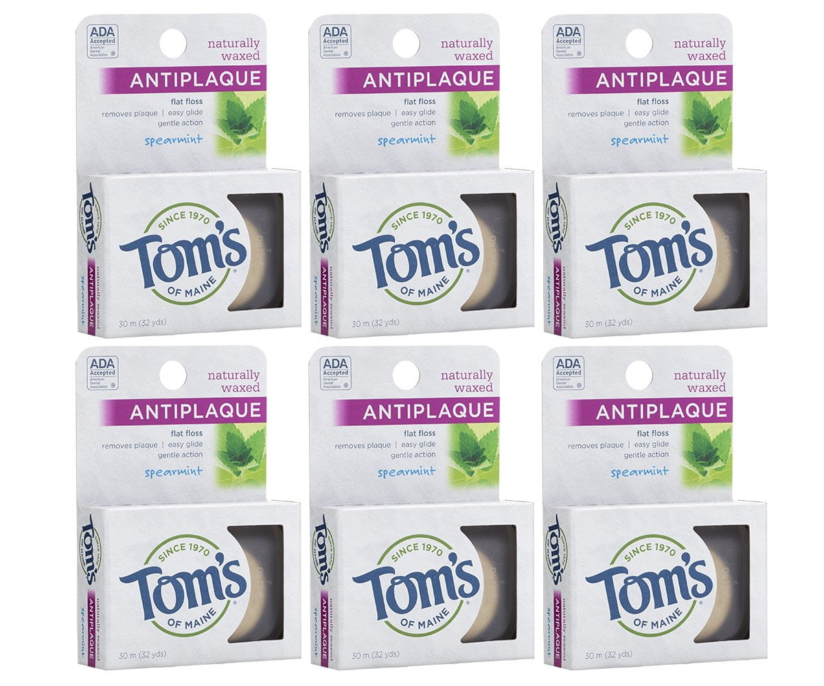 Tom's of Maine Naturally Waxed Anti-Plaque Flat Floss Spearmint 32 Yards (Pack of 6)