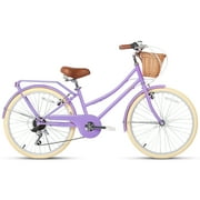 Glerc Missy 24 inch Girl Cruiser Kids Bike Shimano 6-Speed Teen Hybrid City Bicycle with Rack for Youth Ages 7 8 9 10 11 12 13 14 Years Old Wicker Basket & Lightweight, Purple