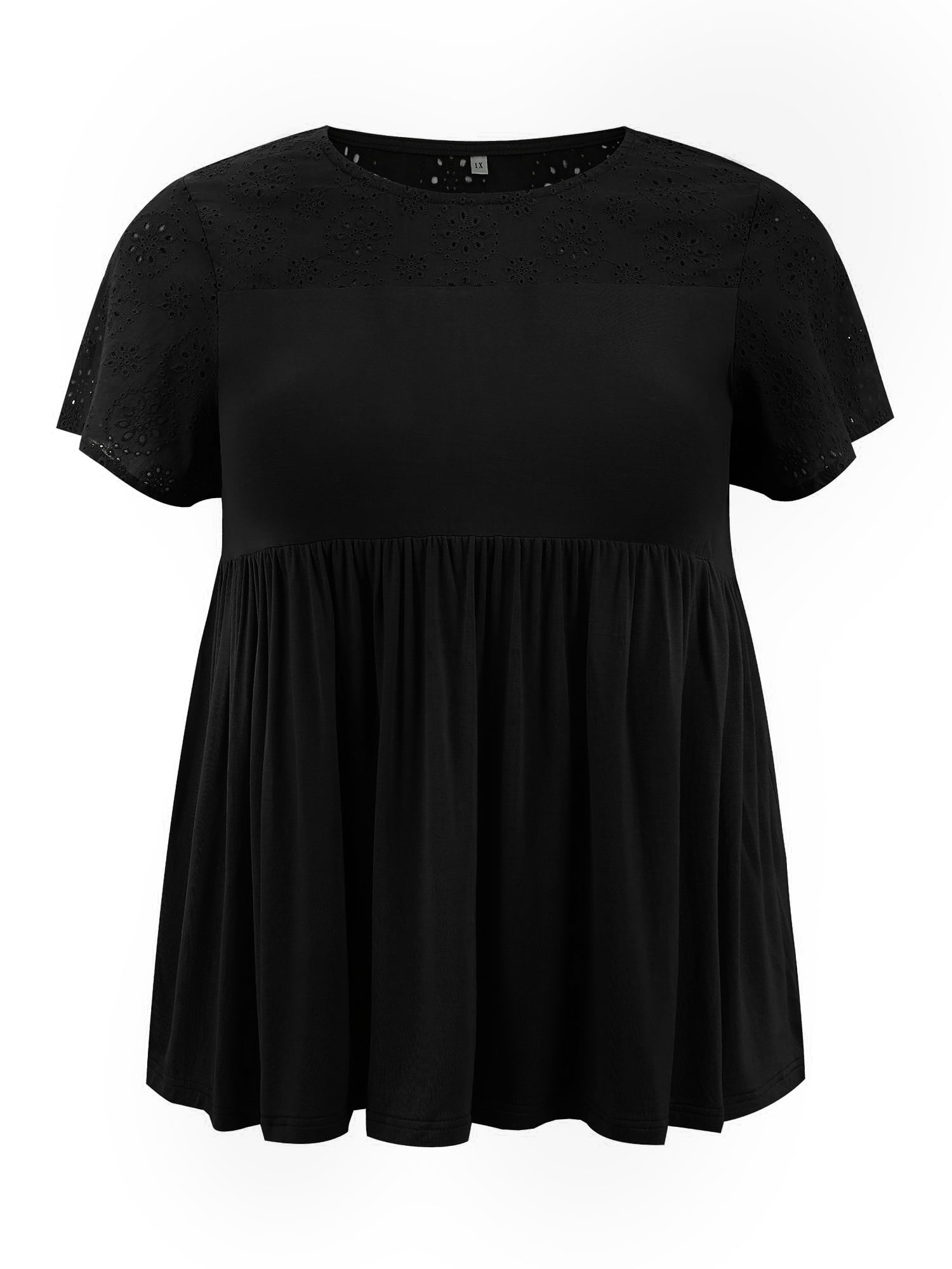 DARING DIVA Women's Plus Eyelet Embroidery Blouse with Ruffle Hem 1X Black