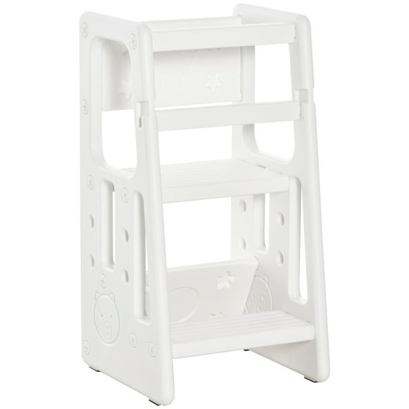 Qaba Toddler Kitchen Helper 2 Step Stool with Adjustable Height Platform and Safety Rail, White