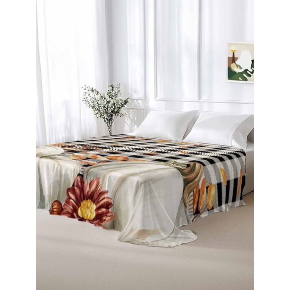 California King Size Flat Sheet Only,Thanksgiving Pumpkin Maple Leaves Soft Top Bed Sheets Breathable Bedding Sheet Classic Black Buffalo Plaid Microfiber Hotel Luxury Top Sheets