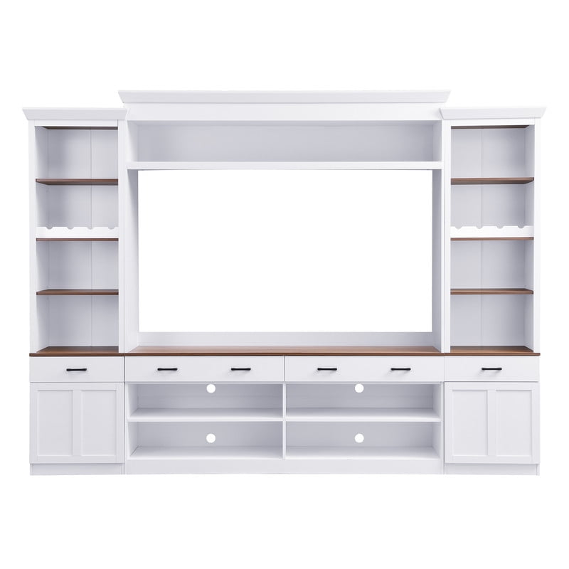Farmhouse 4-Piece Entertainment Center with Bookshelves for TVs Up to 70", TV Stand with Storage Cabinets, Drawers, Adjustable Shelves and Wine Rack, Mid-Century Media Console for Living Room