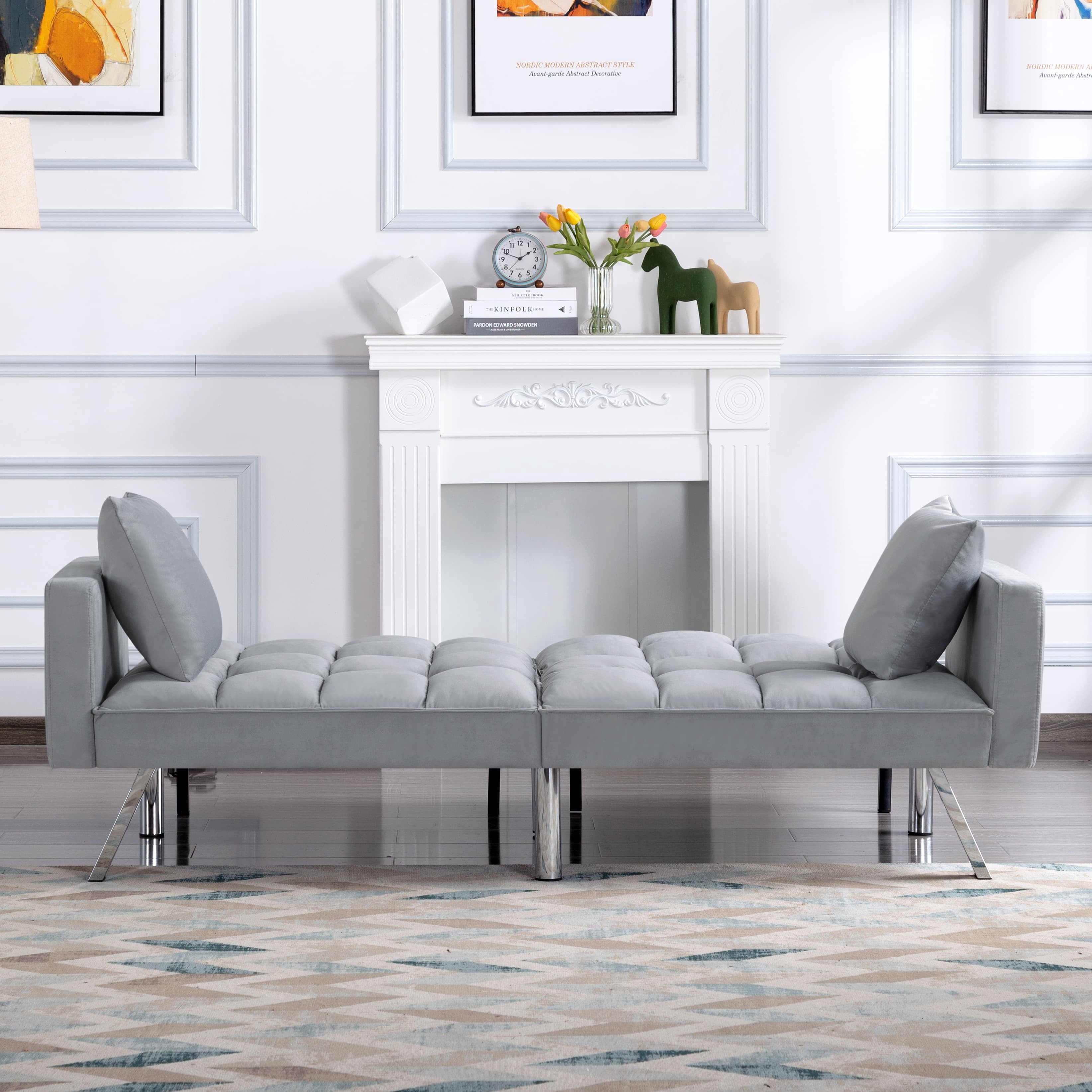 BSHTI 74” Twin Size Futon Sofa Bed,Square-tufted Upholstery Futon Sleeper,Velvet Fabric Sleeper Sofa,for Home,Office,and Guest Room,Light Gray