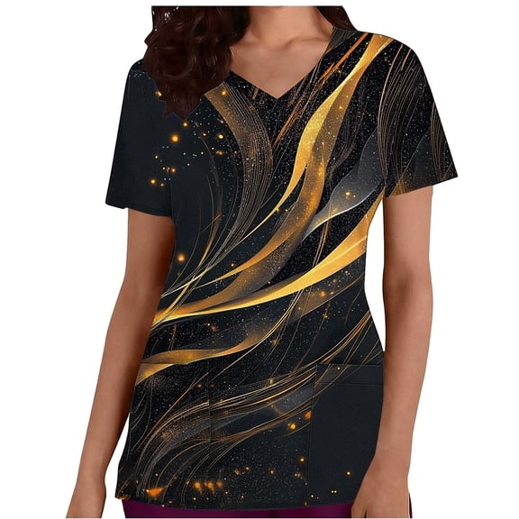 Blouses for Women Dressy Casual Plus Size,Tops for Women Short Sleeve V Neck Working Nurse Uniform Printed Medical Shirt Top with 2 Pockets