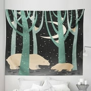 Cartoon Tapestry, Mother Polar Bear and Cub in Forest Winter Season Snowy Weather, Fabric Wall Hanging Decor for Bedroom Living Room Dorm, 5 Sizes, Dark Taupe Pale Green, by Ambesonne