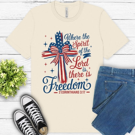 Patriotic Scripture Shirt for Adults, Where the Spirit of the Lord Is Graphic Tee, Natural, S