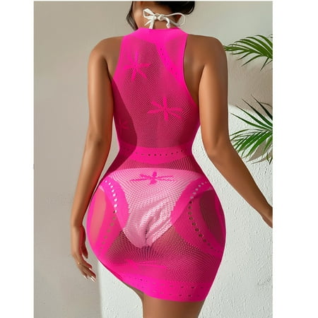 

EHTMSAK See Through Babydoll for Women Nightgown Fishnet Halter Sleepwear Sexy Teddy Lingerie Hot Pink one size