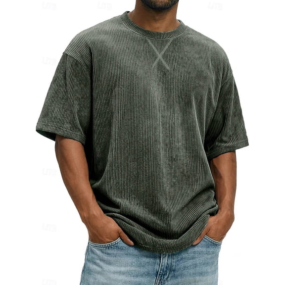 Cmfcve Corduroy T Shirts for Men Ribbed Crew Neck Summer Tops Casual Short Sleeve Vintage Pullover Tee