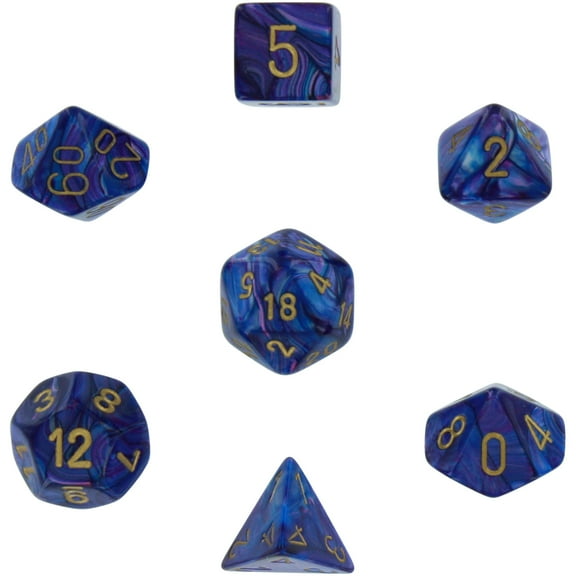 Purple Lustrous Dice with Gold Numbers 16mm (5/8in) Set of 7 Chessex