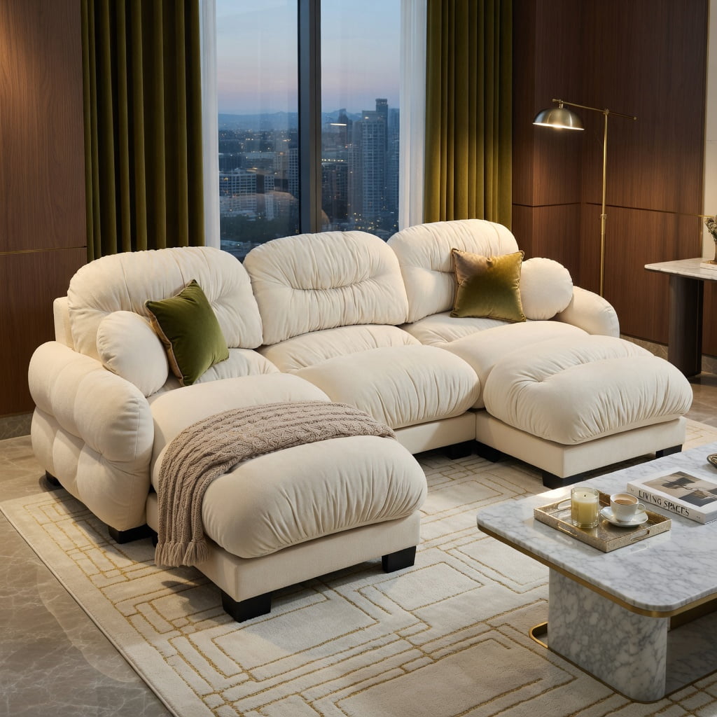 Hommoo Chenille U-Shaped Modular Sectional Sofa with Ergonomic Foam, Pleated Back Design, 3-Seat + 2 Ottomans + 2 Throw Pillows, Soft Cloud-Like Comfort, Beige