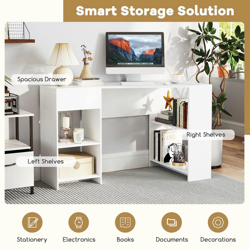 Resenkos 48-Inch L-Shaped Corner Executive Computer Desk with Built-In Storage Drawer - White
