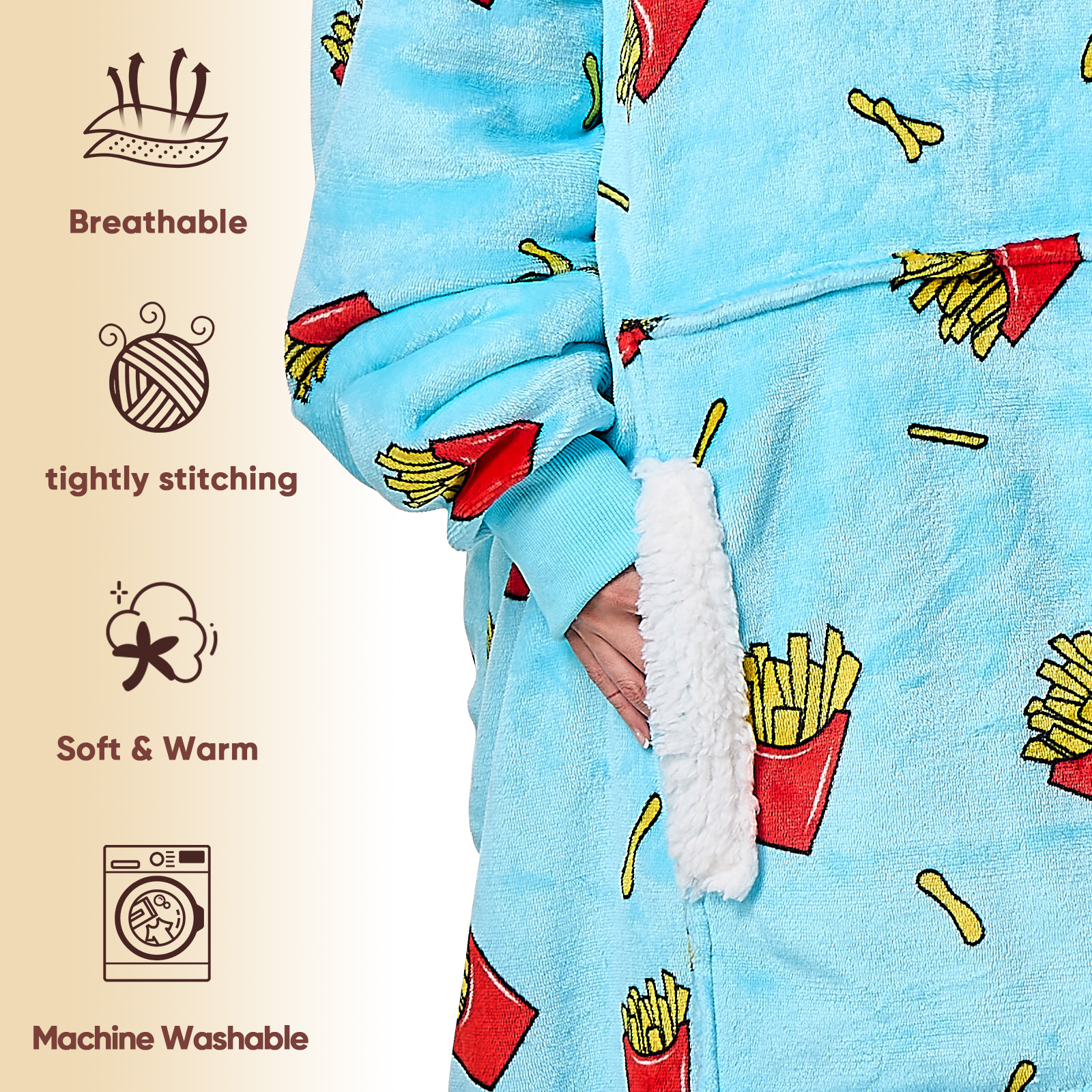 PMONPA Wearable Blanket Hoodie, Flannel Sherpa Fleece, Warm and Cozy Giant Sweatshirt for Adult, Woman and Man, One Size Fits All (Chips)