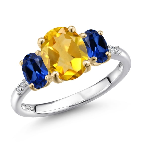 Gem Stone King 925 Silver and 10K Yellow Gold Yellow Citrine and Blue Created Sapphire and Lab Grown Diamond Engagement Ring for Women | 2.76 Cttw | Oval 9X7MM | November Birthstone | Size 9