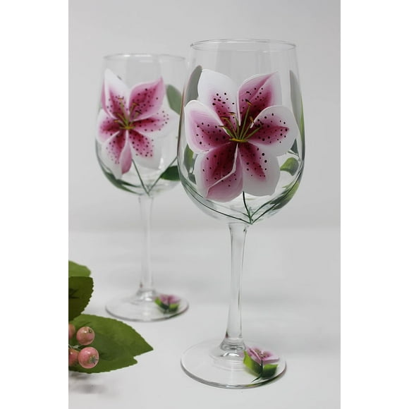 Hand Painted Wine Glasses - Stargazer Lily and White (Set of 2)