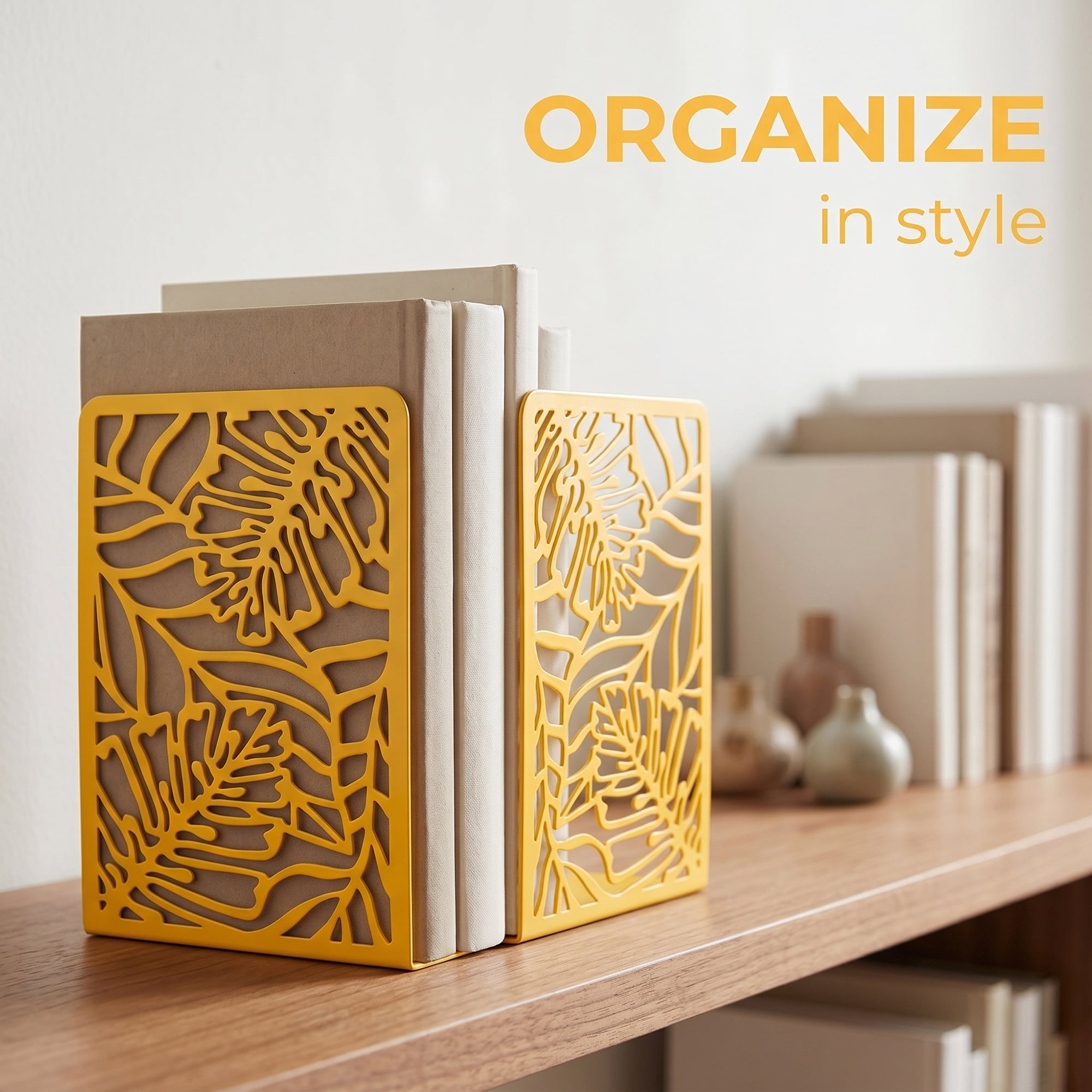 Unique Bargains Decorative Metal Large Non-Skid Book Ends for Shelves Gold 4.7"x3.2"x7.3"
