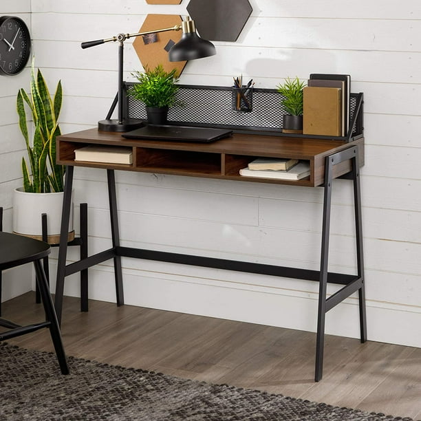 Walker Edison Industrial Mesh Wood Laptop Computer Writing Desk Home Office Workstation Small 42 Inch Dark Walnut Brown Com Walker Edison Industrial Mesh Wood, Small Dark Wood Computer Desk