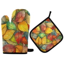 Yayeee Oven Mitts and Pot Holder Set of 2 Heat Resistant Kitchen Gloves Baking Hot Pad, Retro Autumn Leaves