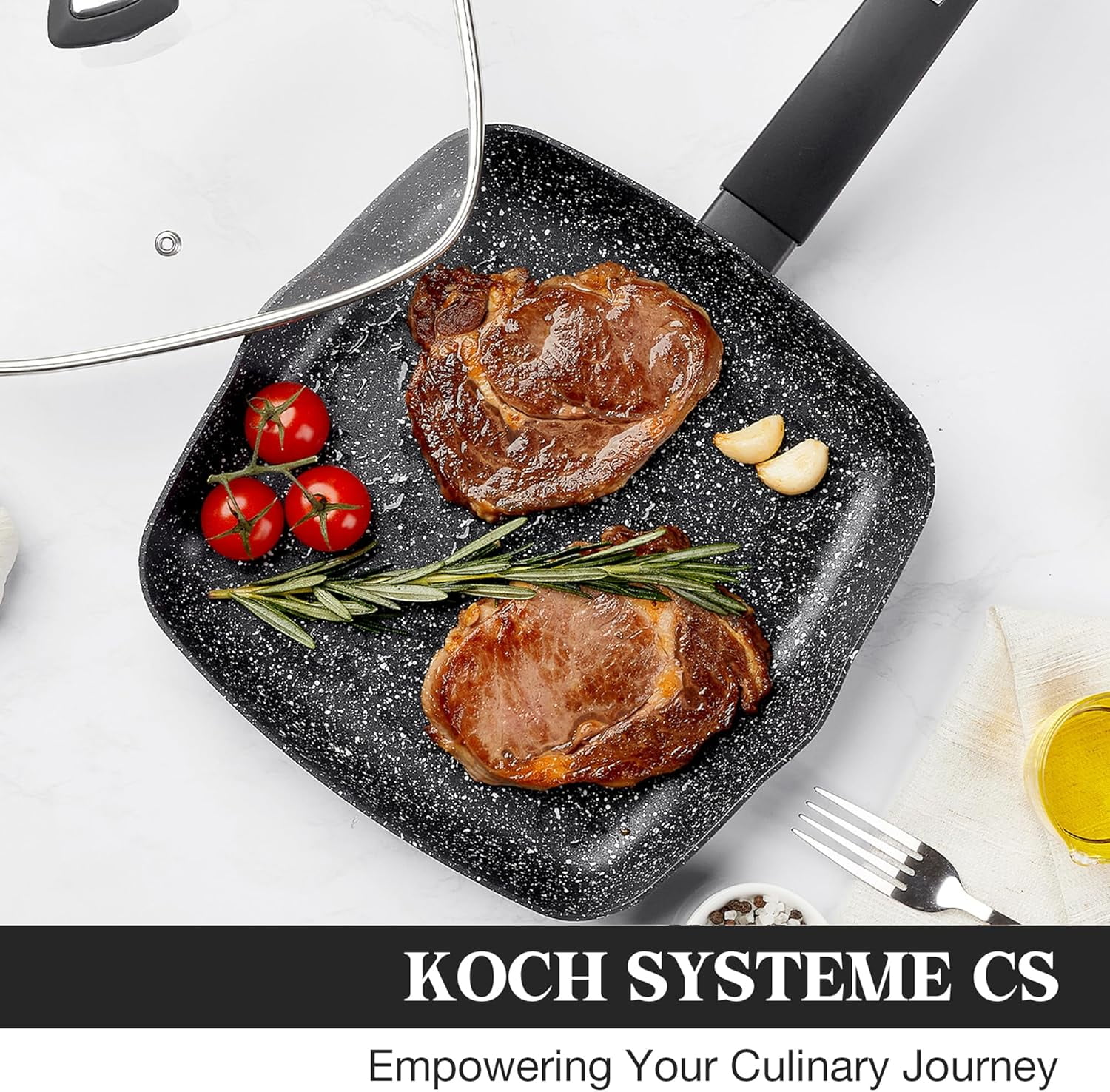 Koch Systeme CS 11 Inch Nonstick Grill Pan with Bakelite Handle, Marble Coating Square Grill Skillet with Lid, Fry Pan Compatible with all Stoves, Black