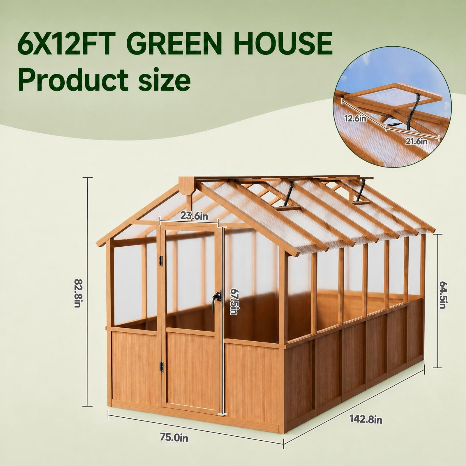 PABIMIA 6 ft. x 12 ft. Wood Greenhouse, Outdoor Walk-in Greenhouse Kit with Polycarbonate Panels and Adjustable Roof Vent