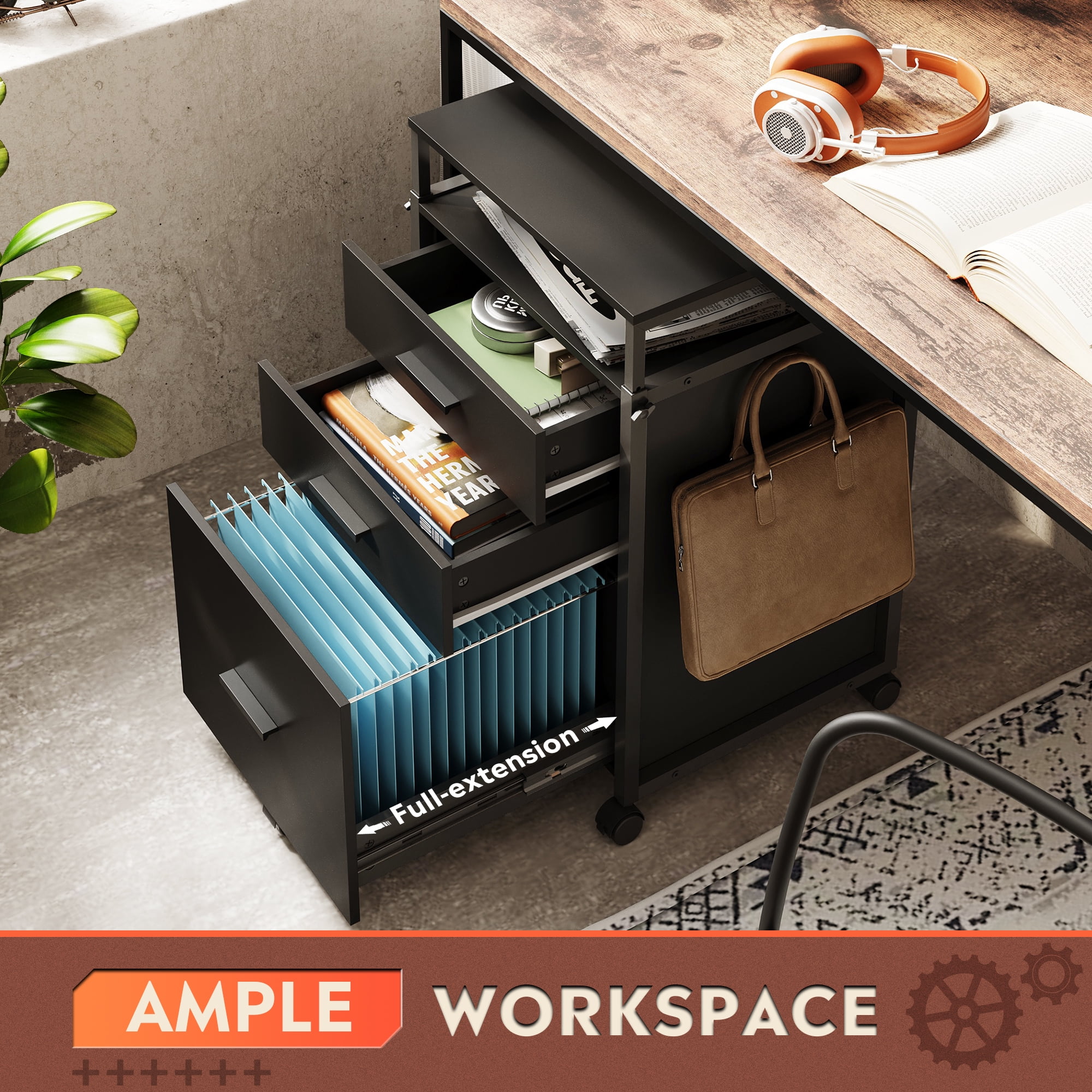GALAXHERO Wood File Cabinet with 3 Drawers, Mobile Printer Stand with Adjustable Height for Home Office, Black