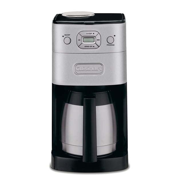 cafetera cuisinart con molino 10 tazas acero inox, vista frontal centrada de cafetera eléctrica plata con jarra térmica de acero inoxidable de doble pared para 10 tazas; panel de control grande con pantalla digital, botones programables, indicador de molienda y botón de encendido; función de apagado automático y logo Cuisinart en el frente; base y mango negros sobre fondo blanco. Suele usarse también para preparar café programado y servir en termo.