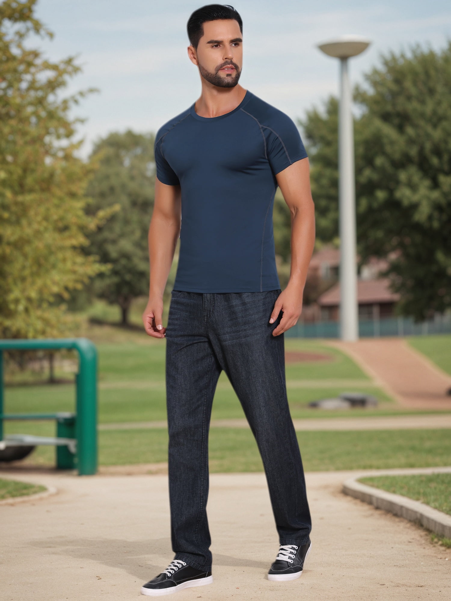 DARING DIVA Men's Workout Stretch Crew Neck Short Sleeve T-Shirt M Dark Blue