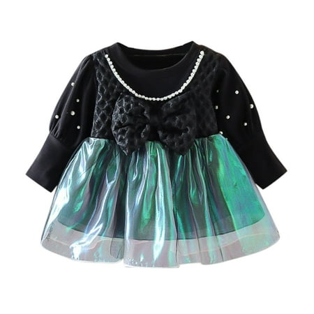 

Check Dress Kids Toddler Baby Girls Long Ruffled Sleeve Patchwork Bowknot Tulle Dress Princess Dress Outfits