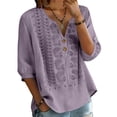 thumbnail image 4 of Linen Shirts for Women Summer, Yigetop Womens Cotton Linen Tops 2026 Casual Vintage Embroidered Boho Tops Loose Tops 3/4 Length Sleeve Womens Tops Purple M, 4 of 9
