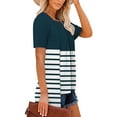 thumbnail image 5 of Scyoekwg Short Sleeve Shirts for Women Crew Neck Pleated Fake Two Piece Blouses Top Loose Shirts Summer Striped Print Comfy Casual Trendy Tshirt Blouses (Navy,XXL), 5 of 7