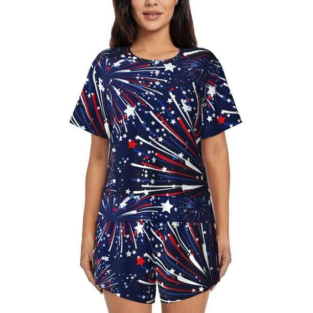 Fotbe Red White Blue Fireworks 1 Conjunto de Pijama Estampado para Mujer, 2 Piezas, Ropa de Dormir con Camiseta de Manga Corta y Shorts Suaves-Medium