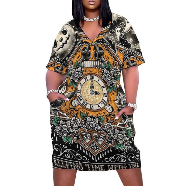 Reloj de cuco estilo Halloween para marcar el tiempo, bonito tatuaje flash, vestido de bolsillo suelto, vestidos formales para ocasiones especiales, vestido de noche para mujer