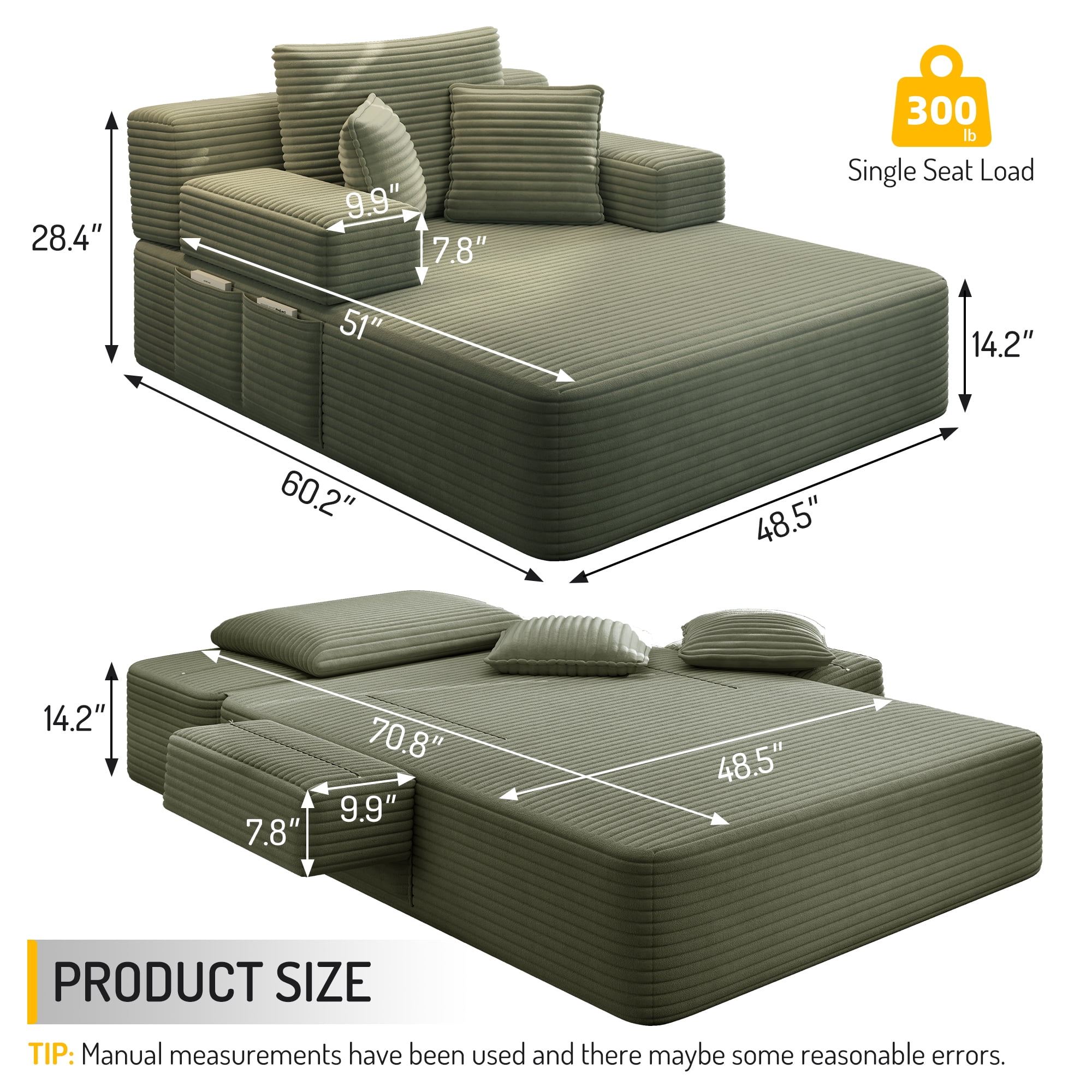 MOONMISS Chaise Lounge Chair Indoor, Corduroy Boneless Sofa Bed, Deep Seat Sleeper Couch Reading Chairs, Cloud Sofas Couches for Living Room, No Assembly Required,Green