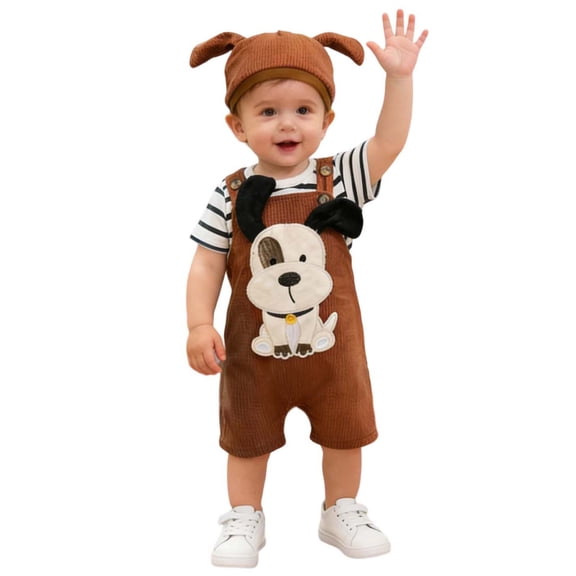 Huowey Boys Girls Suspender Shorts Set Short Sleeve Classic Striped Prints Round Neck Romper Bodysuit Cute Cartoon Animal Dog Pattern Embroidery Overall Outfits Spring Fall Clothes,Black,6-12 Months