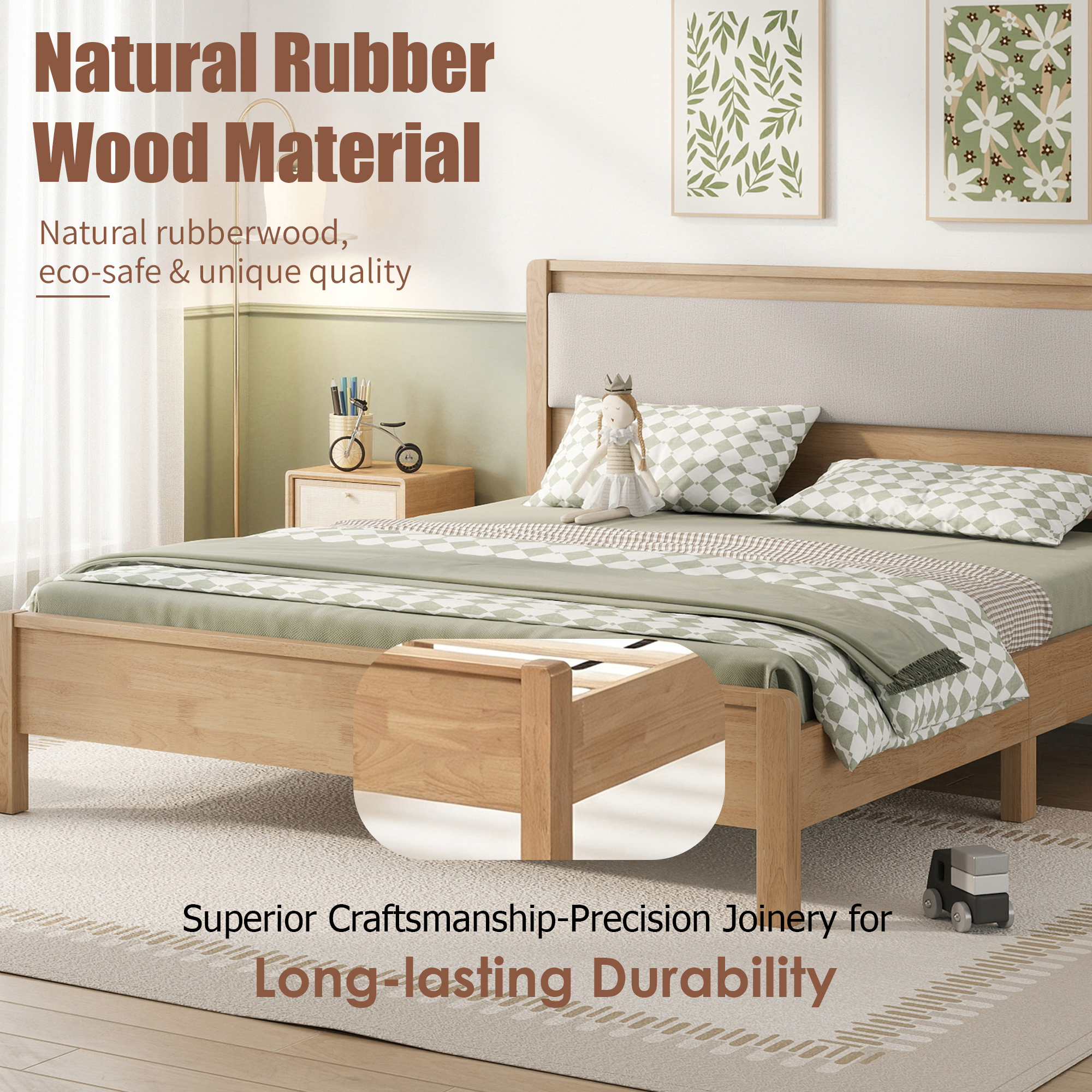 HOQBN Queen Solid Rubberwood Bed Frame with Upholstered Headboard, Reinforced Central Support Legs for Bedroom Natural