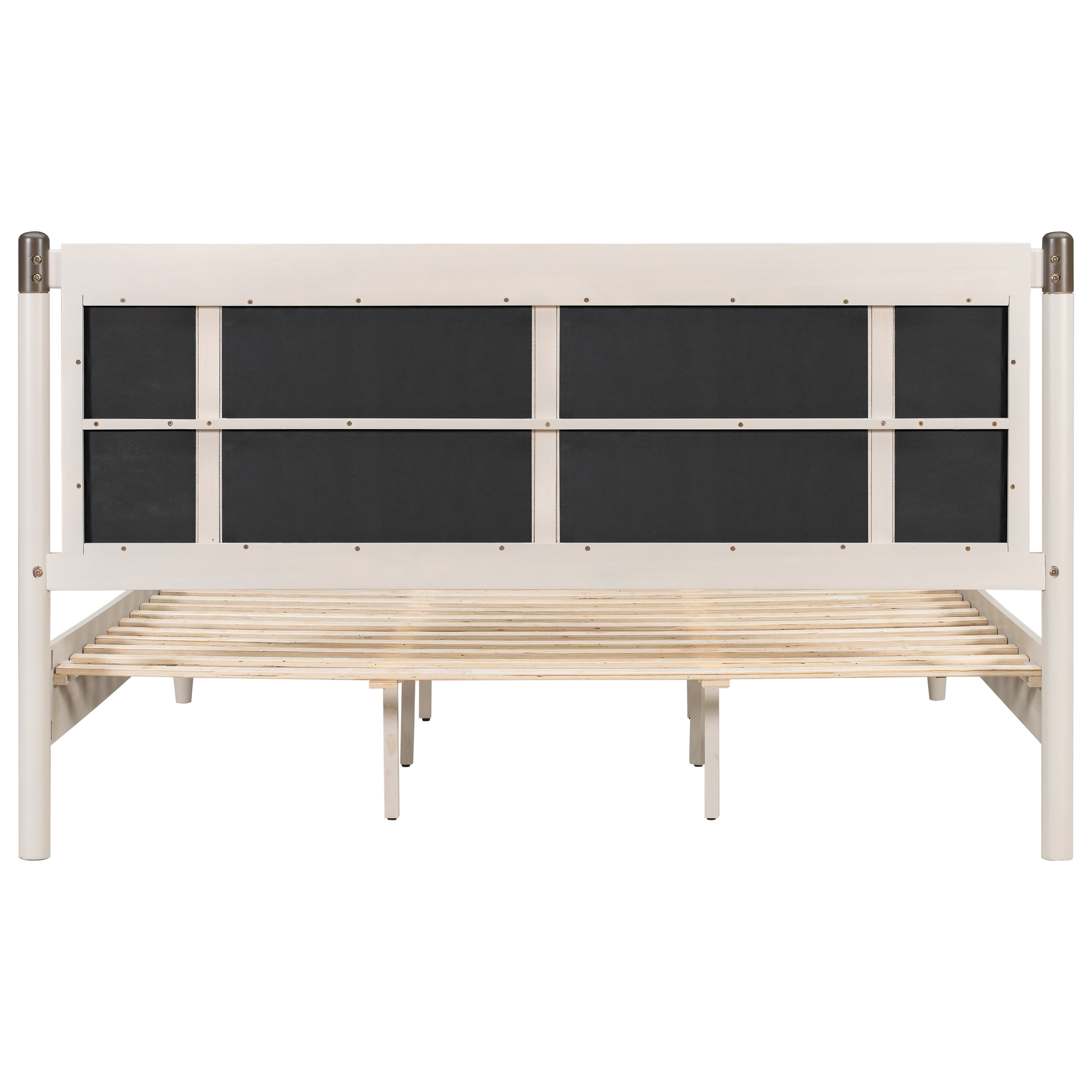 King Bed Frame 81 Inch, Solid Wood Platform Bed with Upholstered Headboard and Metal Handles, Heavy Duty Bed Frame with 600 lbs Support, Grey