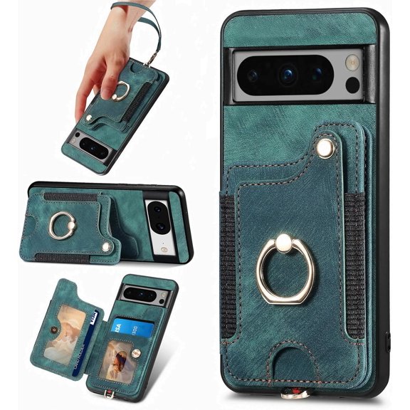 ZUKKASHAN for Google Pixel 8 Phone Case Wallet with Card Holder,PU Leather Flip Folio Case,RFID Blocking Ring Holder Kickstand Wrist Strap Magnetic Protective Women Men Cover for Google Pixel 8