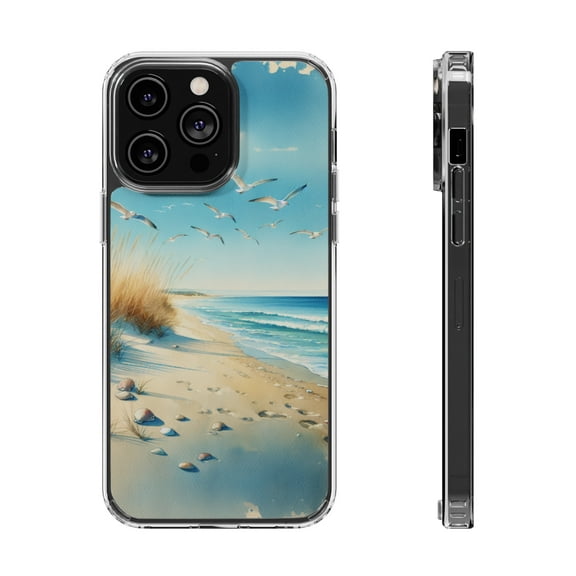 DistinctInk Hybrid (Acrylic / TPU) Clear Slim Fit Case for Apple iPhone 14 Pro MAX (6.7" Screen) - "Tranquil Serenity: A Watercolour Beach Scene"