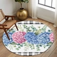 thumbnail image 3 of Round Area Rug 6 Ft, Blue Pink Hydrangea Washable Non-Slip Circle Carpet for Living Room/Bedroom, Eucalyptus Leaves Summer Botanical Plaid Low-Profile Indoor Mats Collection Rugs for Residential, 3 of 7