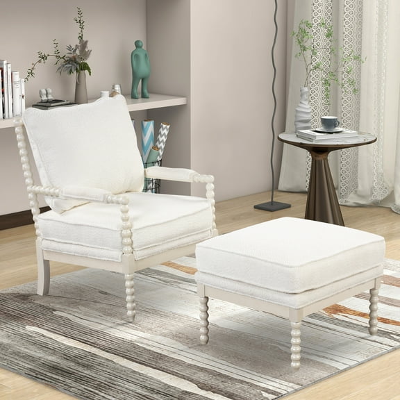 Momspeace Velvet Accent Chair with Ottoman,6.3" Thickened Modern Lounge Accent Chair with Armrests pad, Reading Chair with Footrest for Small Space, Living room-White Frame+White