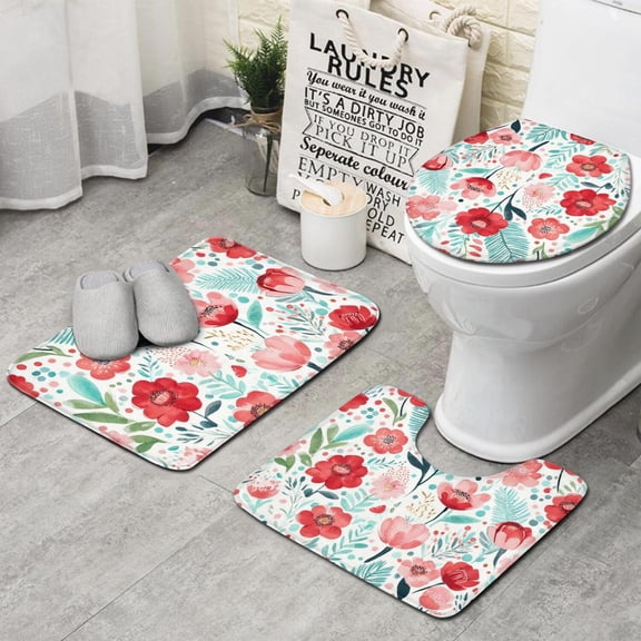 Pioneer Flower Floral Print Pattern Bathroom Rugs Sets 3 Piece,Toilet Cover Set,Absorbent Non Slip Bathroom Mats Sets with U-Shaped Contour Rug Toilet Rug Set