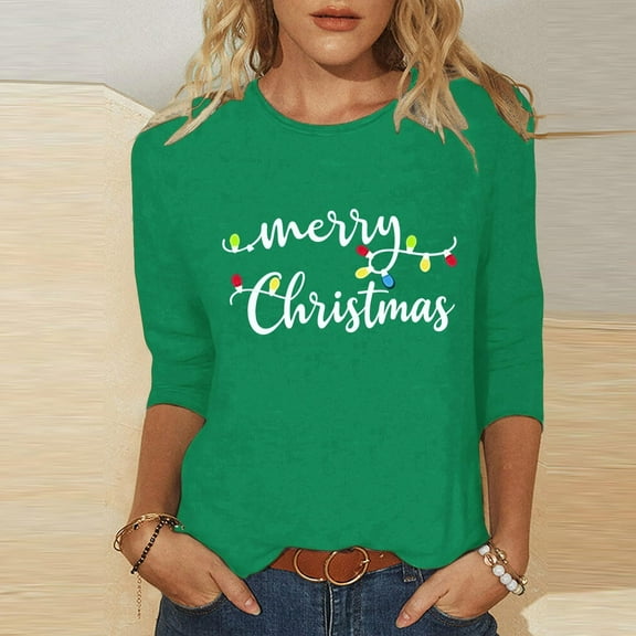 HOMBOM Womens Plus Size Tops Christmas Green Comfy Graphic 3/4 Sleeve Santa Print Crewneck Xmas T Shirts for Women