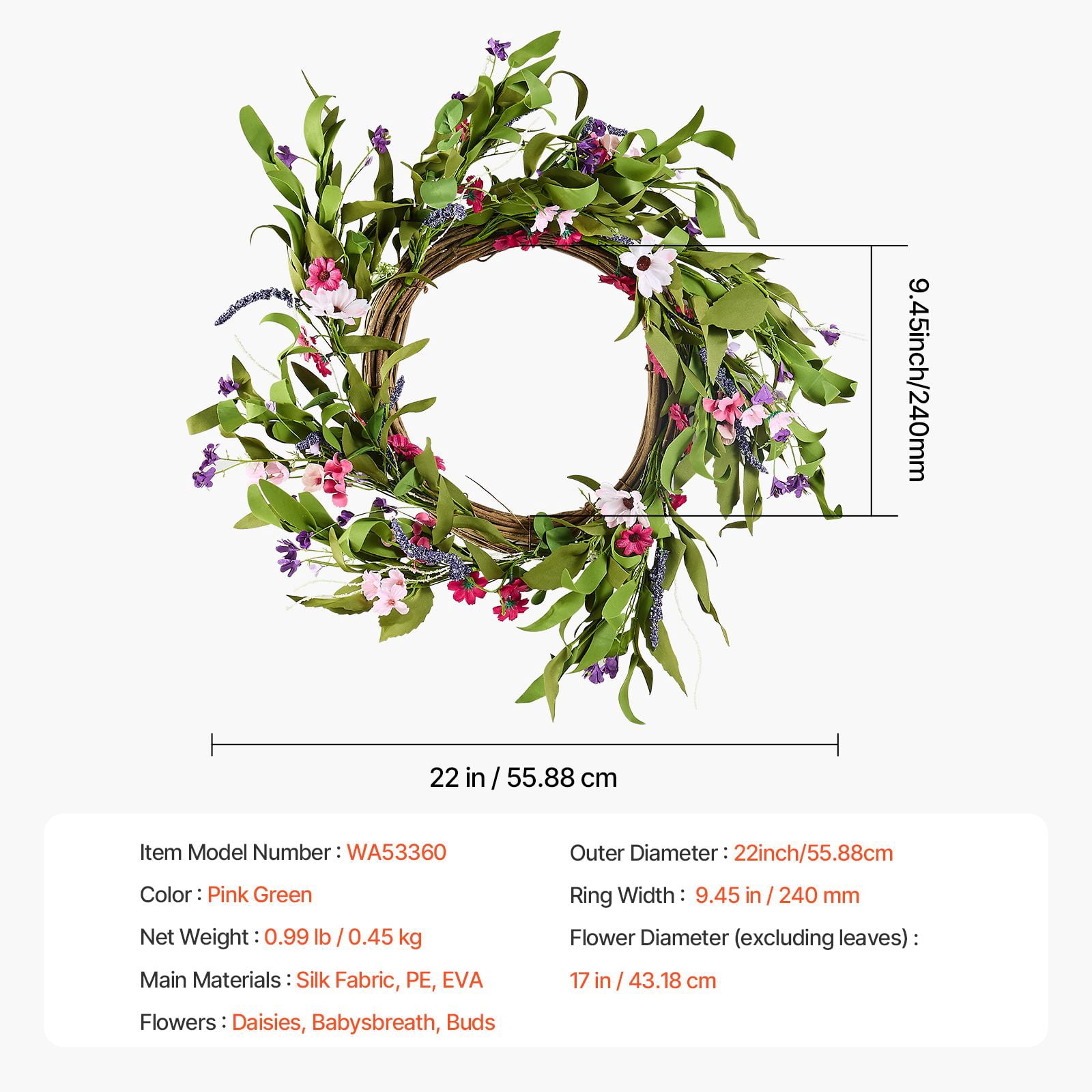 Decorative Wreath 1:1 Replica Daisy Flowers, Full Lush Lifelike Floral Wreath, Vibrant Realistic Artificial Flower Wreath for Front Door Wall Decor