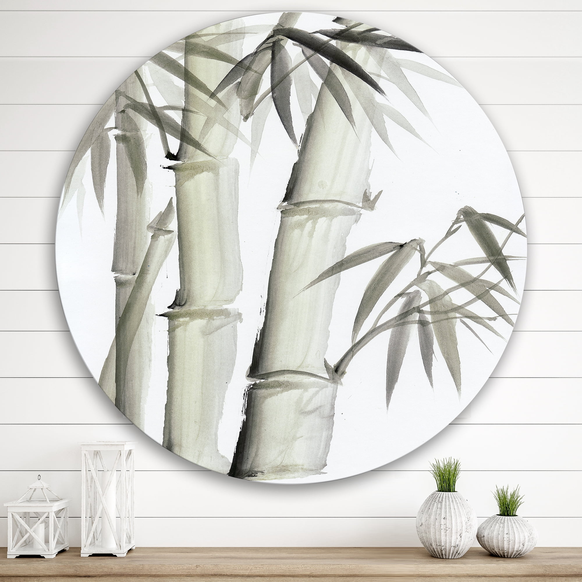 Designart 'Vintage Black and White Bamboo V' Lake House Circle Metal Wall Art 36x36 - Disc of 36