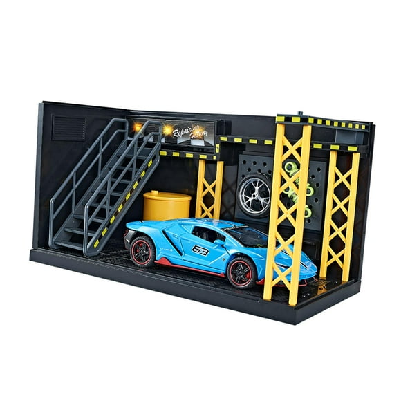 Taller de reparación de garaje con modelo de coche, coches fundidos a presión, estacionamiento, escena realista, simulación decorativa, regalos del , carro azul