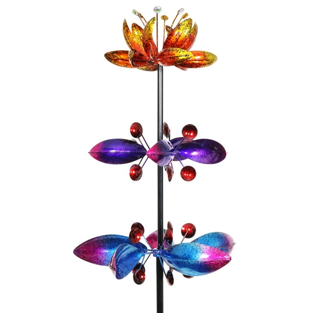 Exhart Lotus Flower Wind Spinner Garden Stake with Three Metallic Flowers, 14 by 66 inches